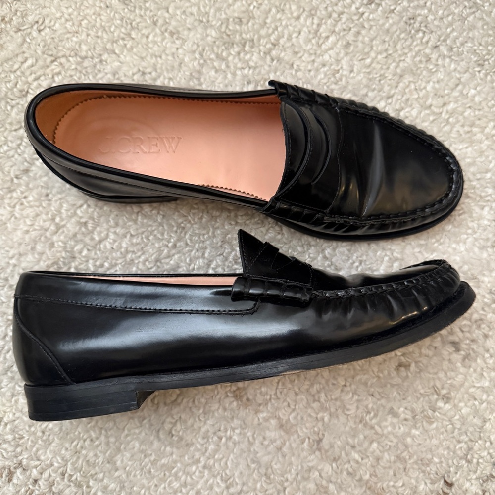 J. Crew Winona Penny Loafers in Black Spazzolato Leather size 7.5